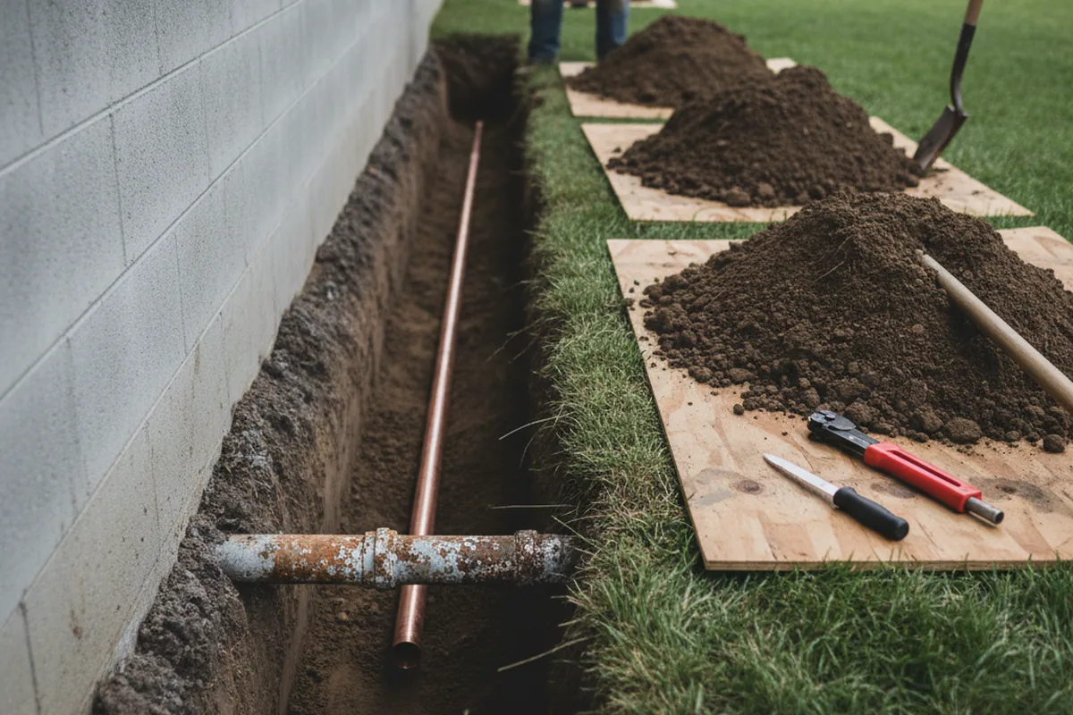 Excavated water line trench during Water Softener Installation in University Place